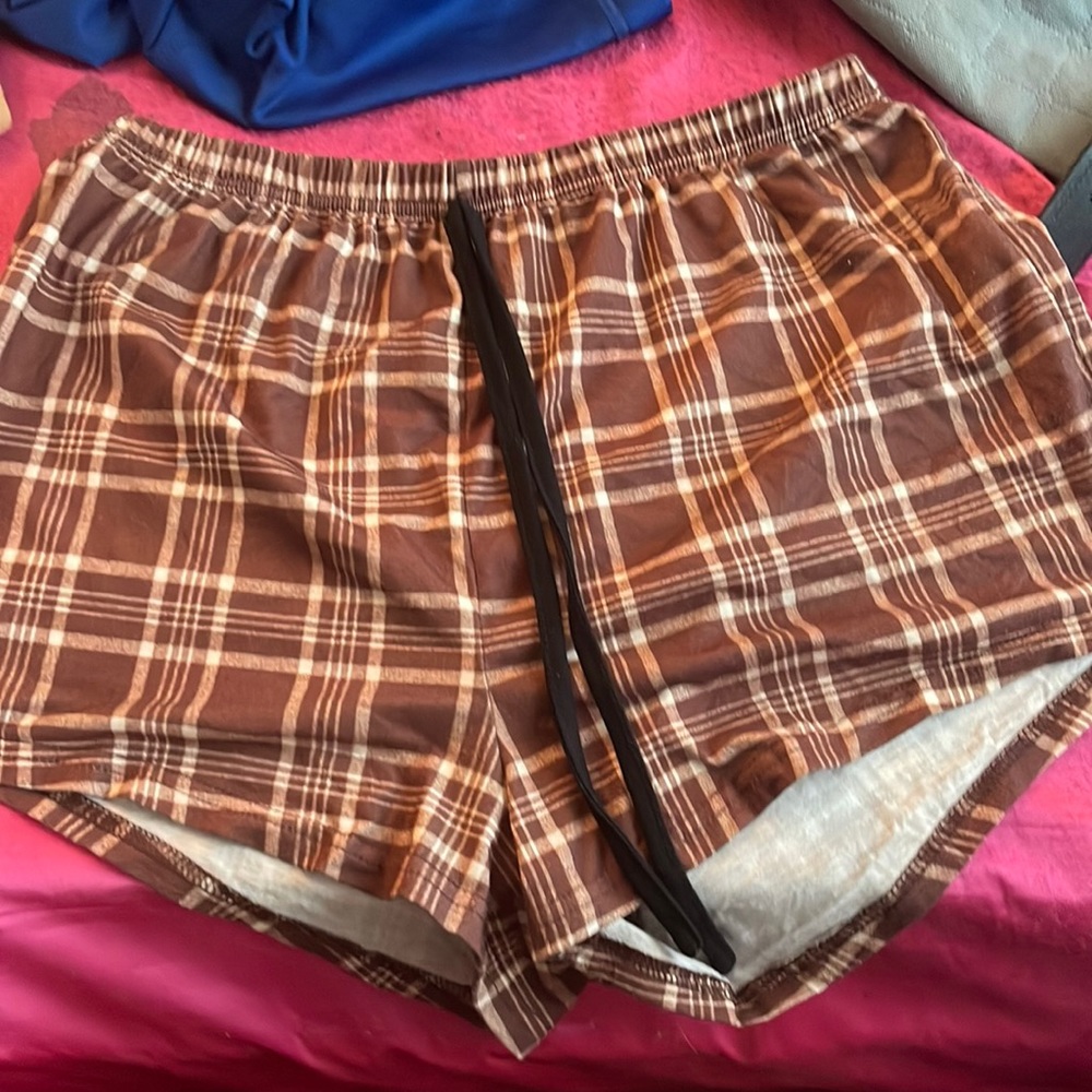 brown plaid pajama shorts